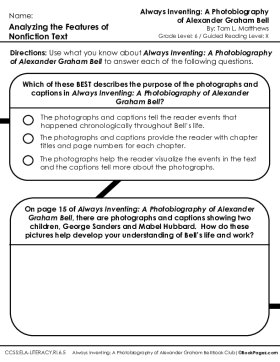 The first page of Book Club for Always Inventing: A Photobiography of Alexander Graham Bell Focus Assessment and Rubric