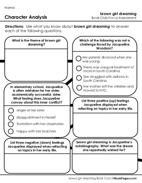 The first page of Book Club for Brown Girl Dreaming Focus Assessment and Rubric
