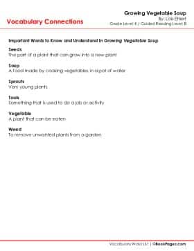 The first page of Vocabulary Connections with Growing Vegetable Soup