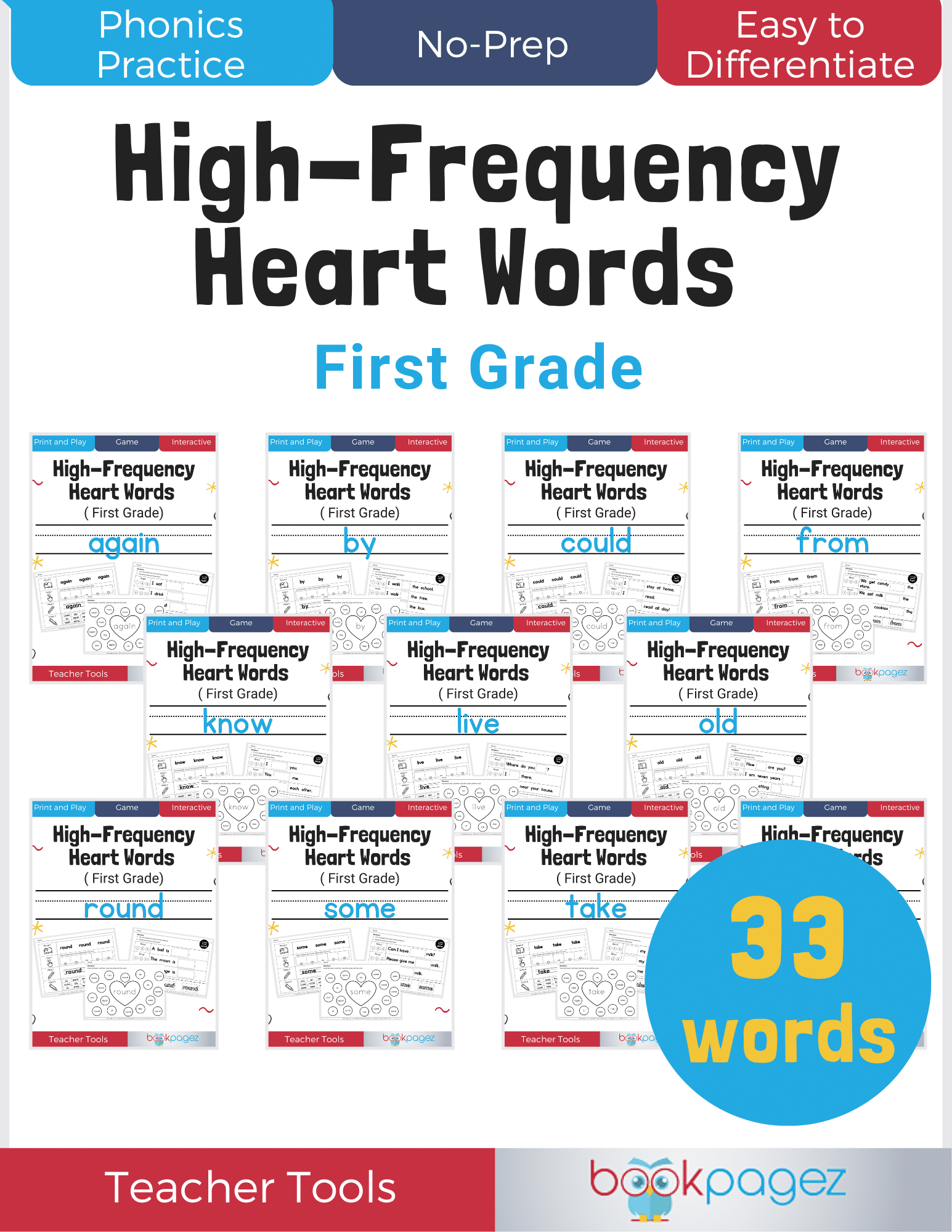 Teaching resource cover for High-Frequency Heart Words Worksheets (First Grade)