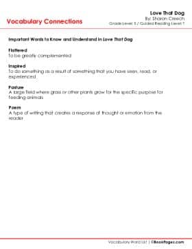 The first page of Vocabulary Connections with Love That Dog