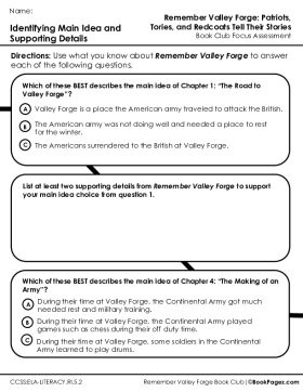 The first page of Book Club for Remember Valley Forge Focus Assessment and Rubric