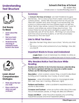 The first page of Understanding Text Structure with School's First Day of School