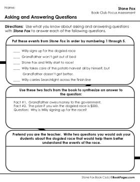 The first page of Book Club for Stone Fox Focus Assessment and Rubric