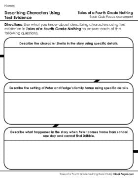 The first page of Book Club for Tales of a Fourth Grade Nothing Focus Assessment and Rubric