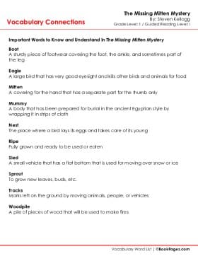 The first page of Vocabulary Connections with The Missing Mitten Mystery