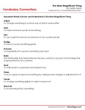 The first page of Vocabulary Connections with The Most Magnificent Thing