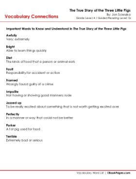 The first page of Vocabulary Connections with The True Story of the Three Little Pigs