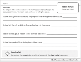 The first page of Cause and Effect Sentence Stems with Jabari Jumps