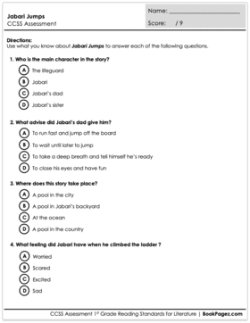 The first page of Common Core Aligned Comprehension Assessment for Jabari Jumps
