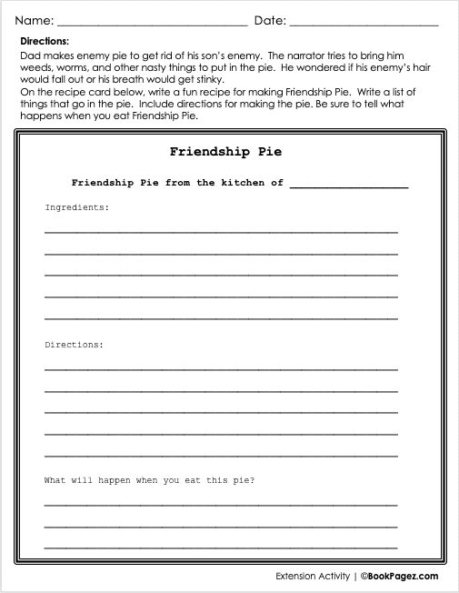 Extension Activity for Enemy Pie showing a recipe card for making friendship pie
