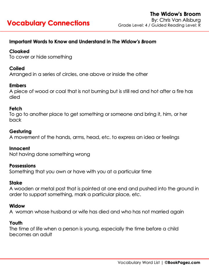 The first page of Vocabulary Connections with The Widow's Broom