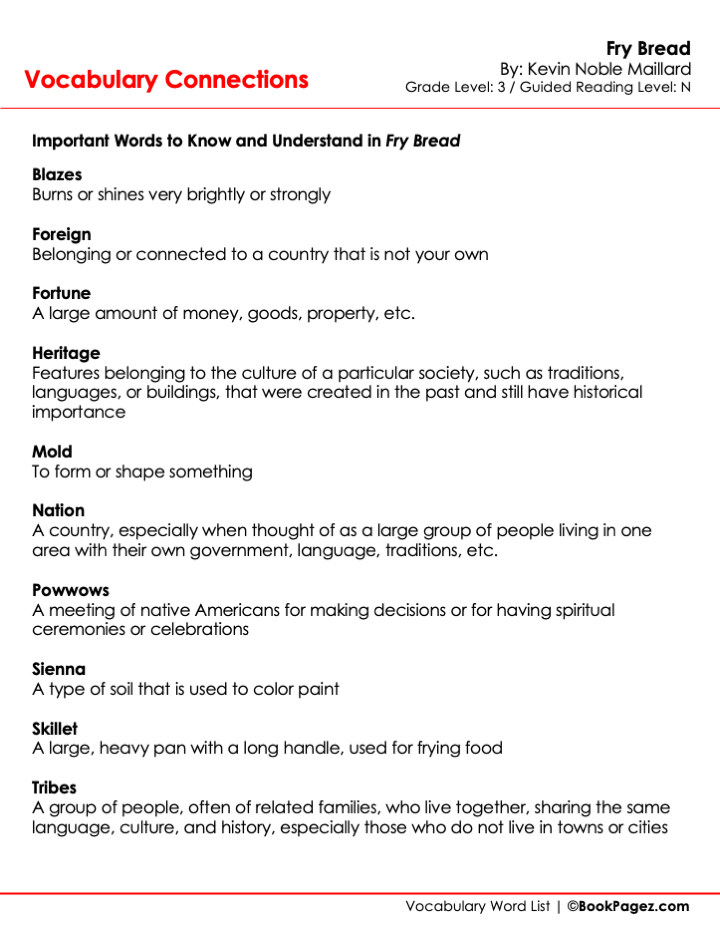 The first page of Vocabulary Connections with Fry Bread