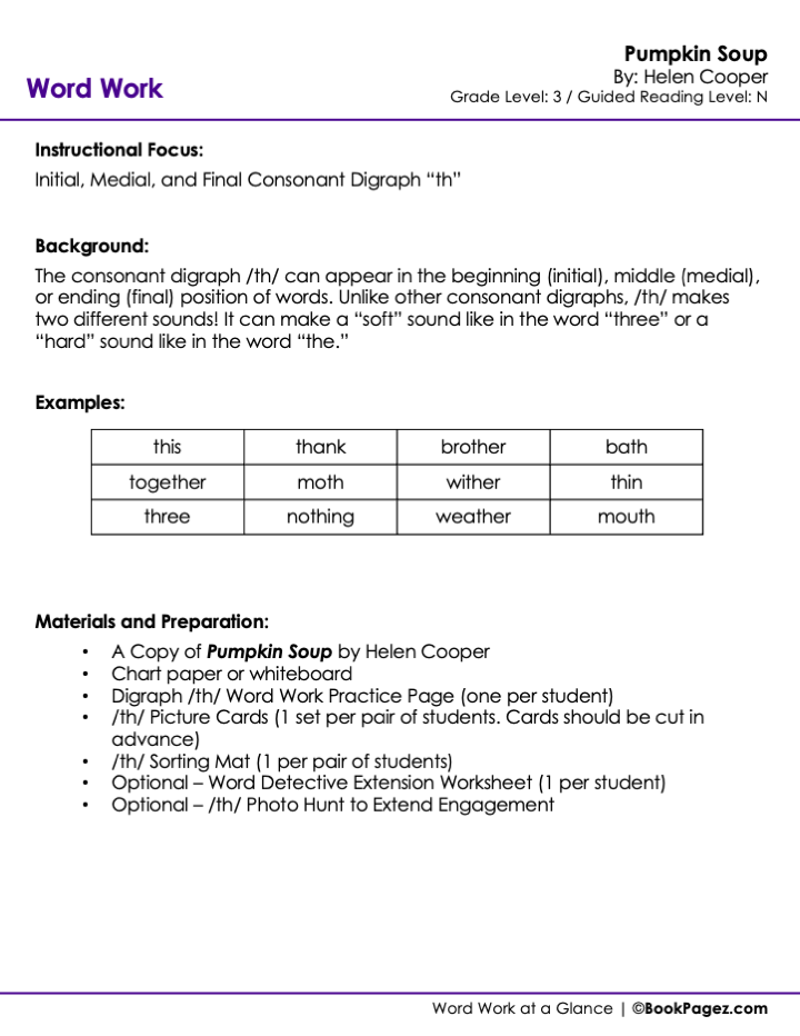 The first page of Consonant Digraphs with Pumpkin Soup