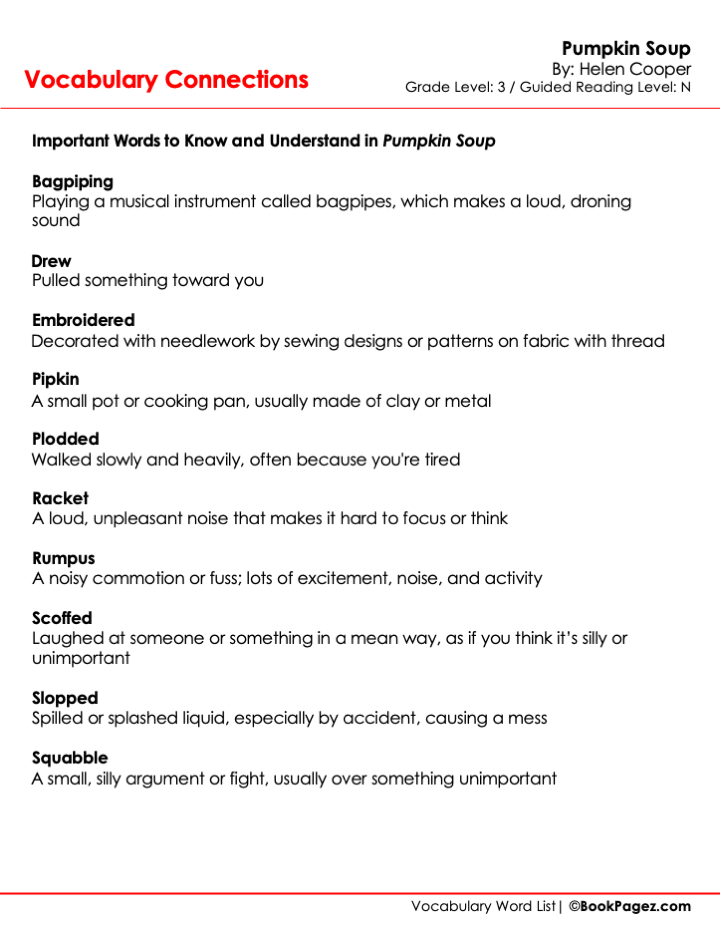 The first page of Vocabulary Connections with Pumpkin Soup